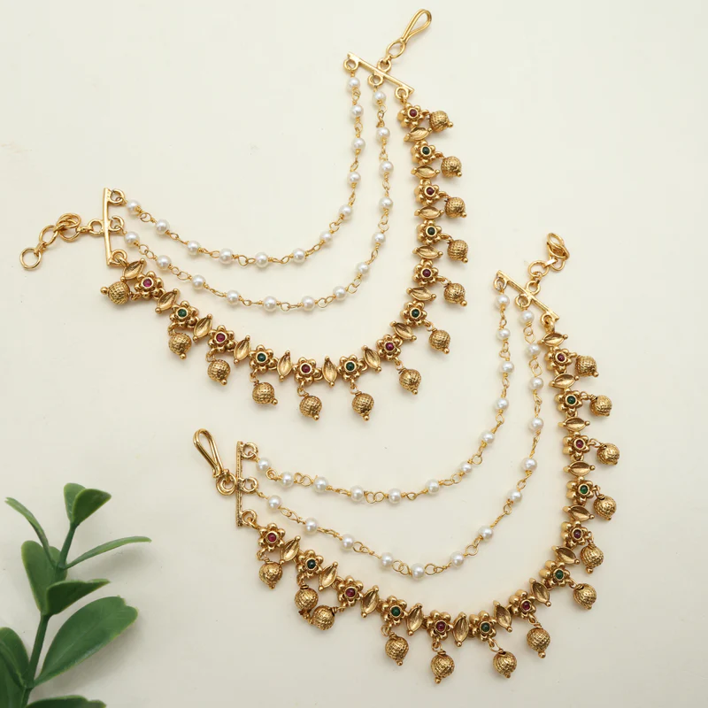 Antique Nagas Small Kemp Flower Gold Balls 3 Layer Bridal Earchain